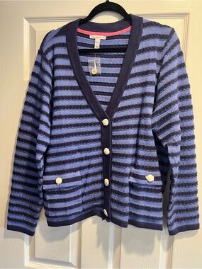 Isaac Mizrahi Navy and Lavender Striped V-Neck Cardigan